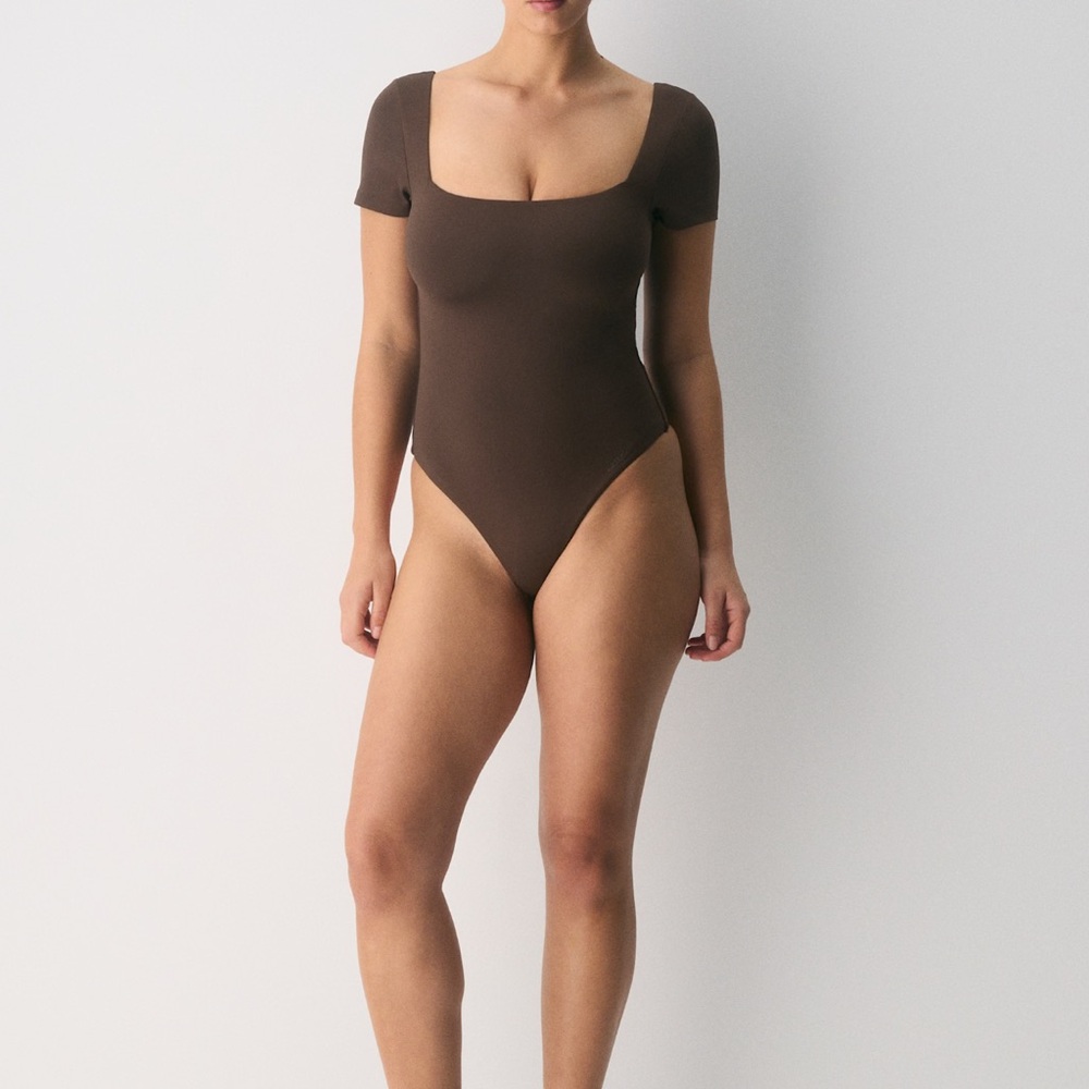 Aritzia Short Sleeve Scoop Neck Bodysuit in Brown